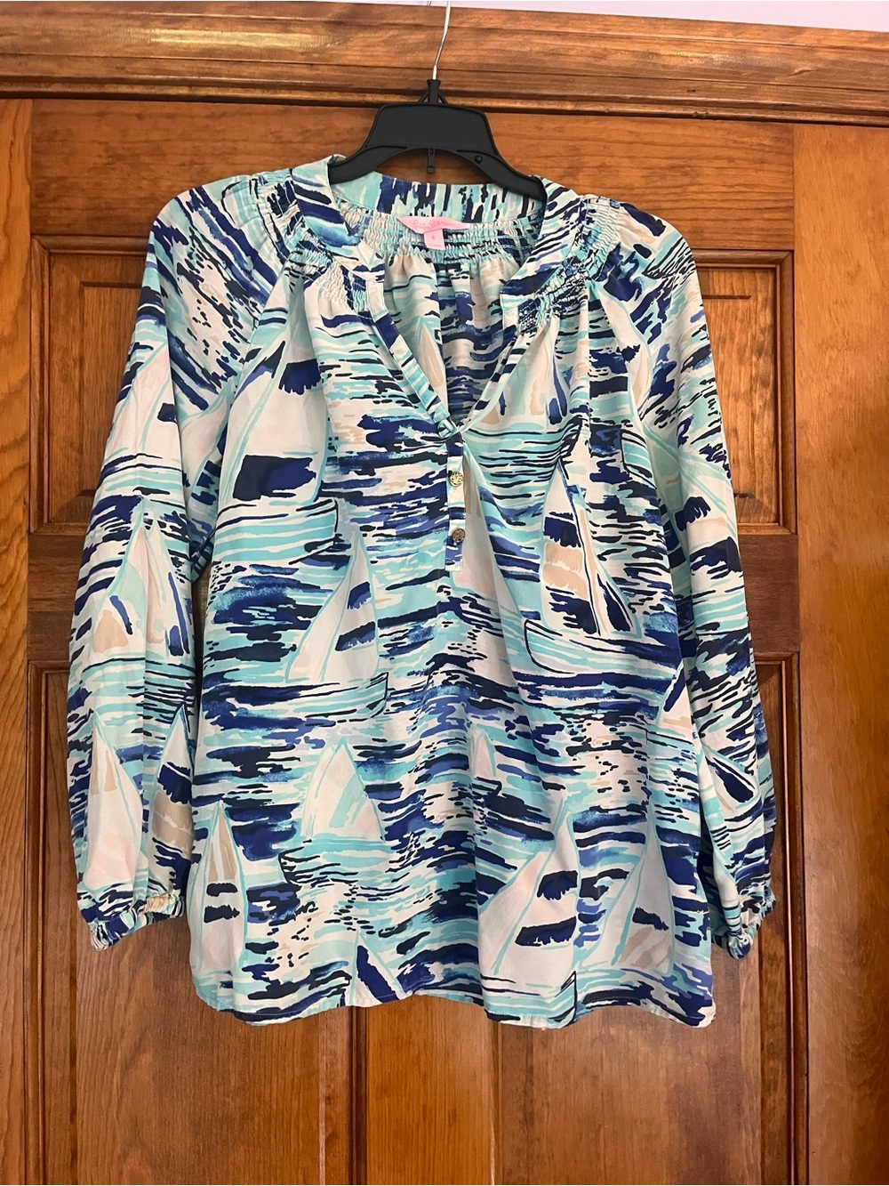 Lilly Pulitzer Blue & Aqua Sailboat Print Long-Sleeve Blouse